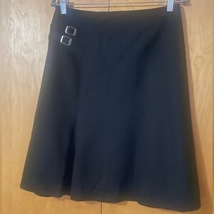 Garnet Hill (Size 8) Black Wool, Silk-Lined Flared, Side Buckle Detail Skirt